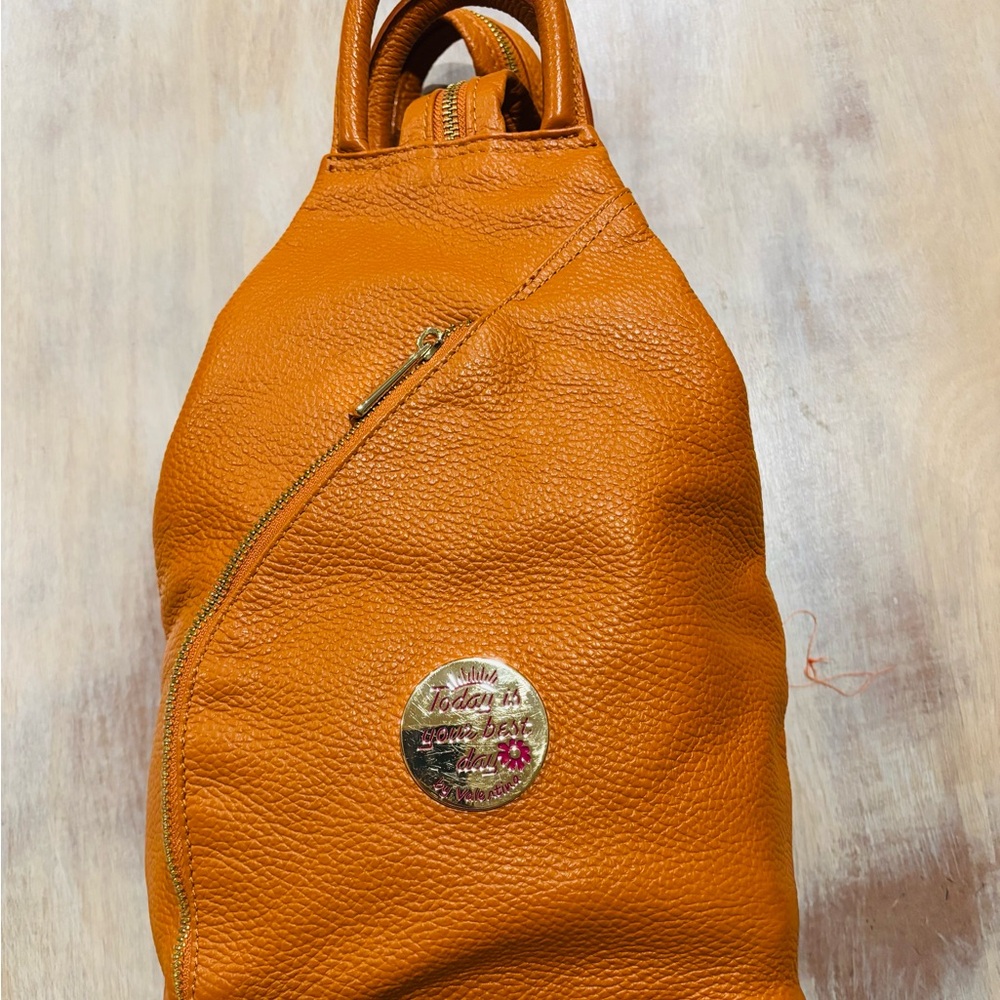 Valentina Orange Backpack with Textured Leather and Gold Hardware